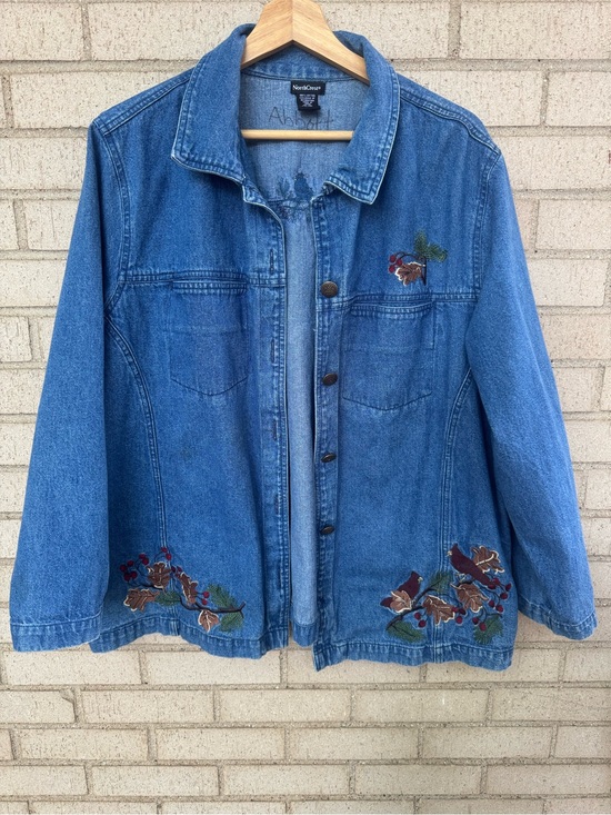 Northcrest Jackets & Blazers - Vintage Blue Denim Shacket Jacket Fall Floral Embroidery Cotton 2X